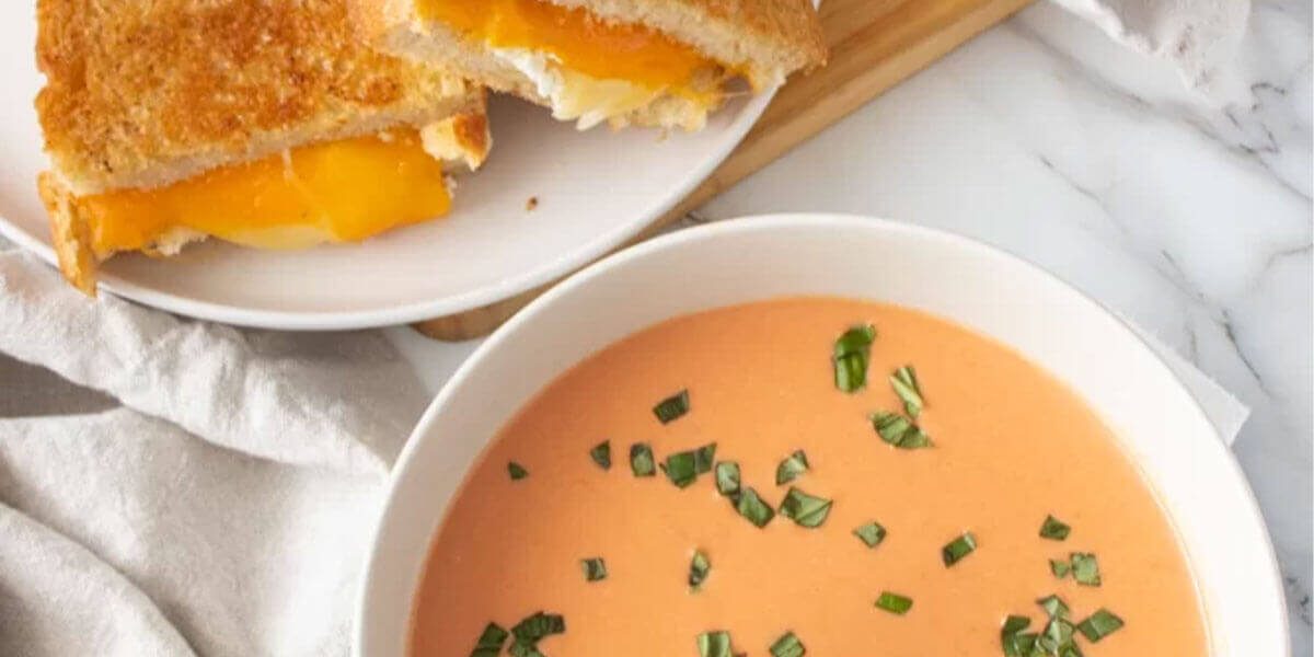 Easy Creamy Tomato Bisque with Grownup Grilled Cheese 